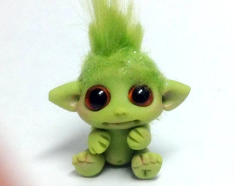 OOAK Tiny Baby Green Goblin Trollfling Troll Mini doll "Oskar" by Amber Matthies
