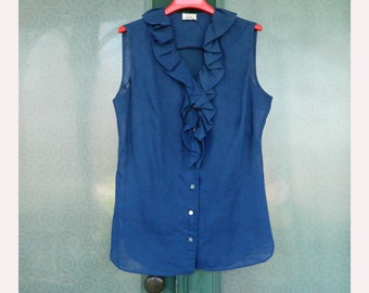 Vintage 1970s Sleeveles Ruffle Blouse -13/14- Navy Blue Cotton