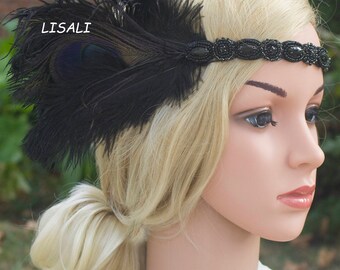 LISALI 1920s Flapper Headbands Great Gatsby Headpiece with Black Feather Jewel Hair Accessories