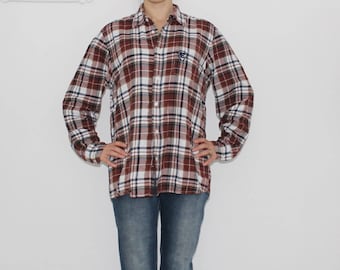 FLANNEL Plaid Shirt Red 80s Grunge Wine Red FADED Black Button Down Distressed Vintage Long Sleeve Women Men Oversized Soft Cotton Grunge