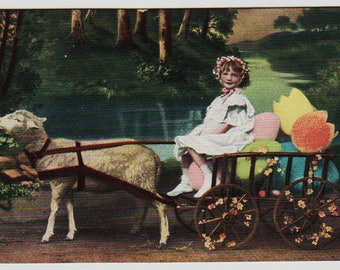 Vintage Easter Postcard, Lamb Pulling Girl in Easter Egg Wagon, ca 1910
