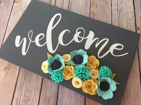  Welcome Sign Painted Sign Felt Flowers Home Decor Welcome Wood