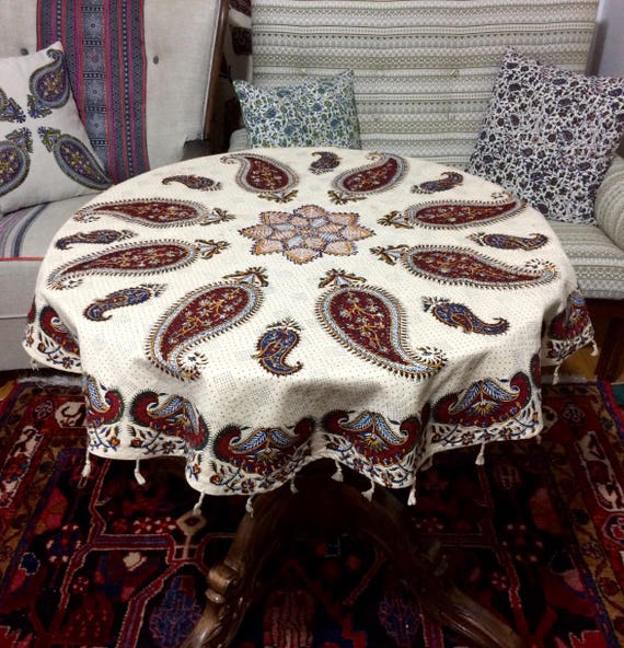 Round Handcrafted Authentic Ghalamkari Cloth, paisley tablecloth