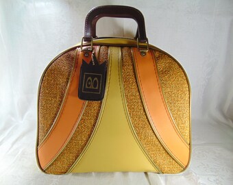 Vintage Classic Brunswick Windjammer Bowling Ball Bag, Brown, Orange, Gold Bowling Ball Bag, with metal ball rack