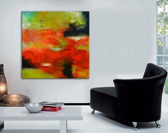 Abstract painting, red painting, green painting, orange green art, red abstract, modern painting, large abstract painting, square painting