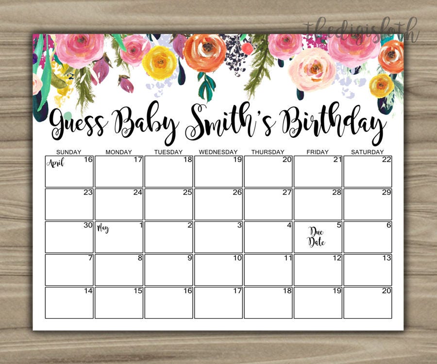 Custom Floral Baby Shower Due Date Calendar Baby