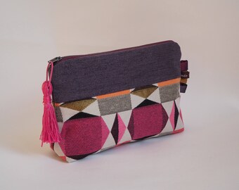 Case / pouch in purple fabric and pink geometric