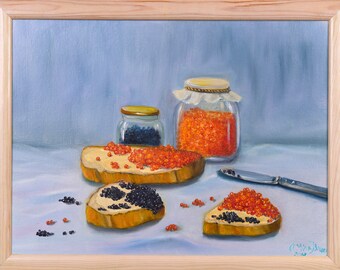 Black and red oil painting on canvas caviar food
