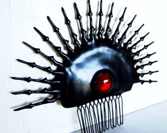Steampunk hair comb Gothic hair Ornament black with red crystal made of clock hands- Bows, baubles, and bats