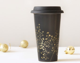 Gold and Black Ceramic Eco-Friendly Travel Mug | Baby's Breath Collection