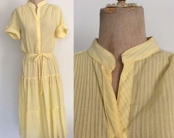 1980's Yellow Polyester Dress w/ Tiered Skirt Size Small Medium Large by Maeberry Vintage