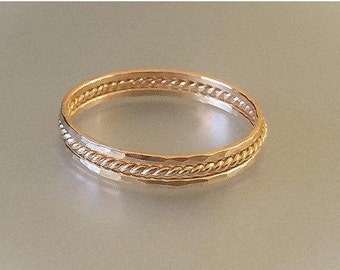 Stacking Ring Set, 14k Gold Filled Micro Skinny Rope Twist and Hammered Ring Set, 3 Dainty 14k Gold Filled Rings, Midi Ring, Stackab