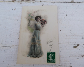 Antique 1900/1910s postcard French real photo recolored women with bouquet