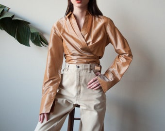 metallic gold silk wrap blouse / silk shirt / deep v blouse / m / l / US 12 / 3499t / B18