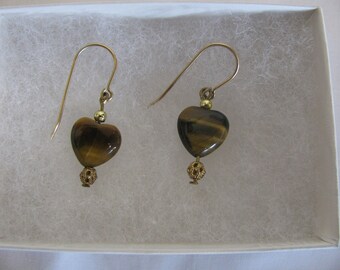 Handcrafted Tiger Eye Heart Pierced Earrings