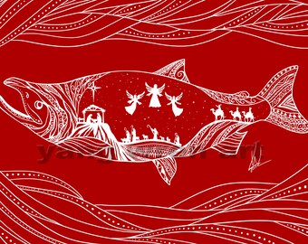 Christmas Salmon set of 10 (5X7) cards with envelopes