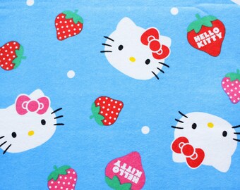 Sanrio Fabric, Hello Kitty Fabric, Hello Kitty Flannel, Flannelette, Cotton, Retro Clasic Blue, Hello Kitty and Strawberry, Blanket, 1 Metre