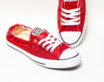 Tiny Sequin - Starlight Red Sparkly Canvas Shoreline Converse Slip On Sneakers Shoes