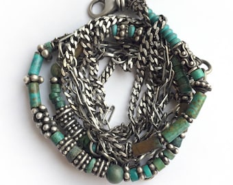 Necklace Wrap Bracelet Sterling Silver Turquoise Bead Multichain Bali Bead Adjustable Length Boho One of a Kind Curb Chain Oblong Cable
