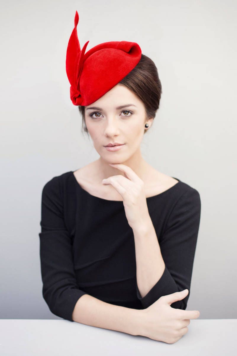 Red Fascinator Hat Old Hollywood Glamour Pin Up Headpiece
