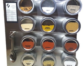 12 Tin Magnetic Spice Rack (Jars, Labels, Spoons, Stainless Steel Plate & Chart)