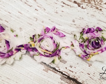 Purple Floral Print Shabby Chiffon Rosette Trim - Floral Pattern Fabric Flower Trim by the Yard - Shabby Chic DIY Wedding Supplies