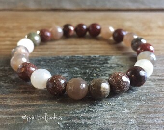 Fertility, Love + Joy | Stackable Mala Inspired Spiritual Junkies Sunstone, Moonstone, Agate + Red Jasper Yoga + Meditation Bracelet