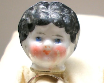 Frozen Charlotte DOLL sterling ring, 1800's Victorian china head on adjustable silver, Black haired doll.