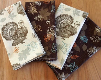 Thanksgiving Napkins (4) with Turkeys and Autumn Leaves, Mix and Match, Turkey Napkins, Leaf Napkins, Fall Dinner Napkins, Gatherings