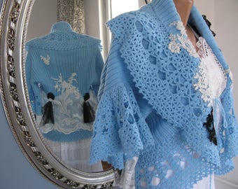 Art to wear cardigan/blue jumper/OOAK/Recycled clothing