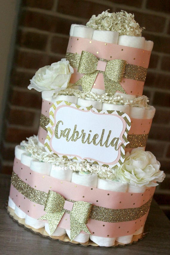 3 Tier Blush Pink and Champagne Gold Diaper Cake Baby Girl