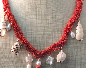 Coral Colier Pearls Silver shells. Cleopatrartstones