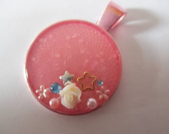 Pink resin flower embellished pendant 25mm no chain included