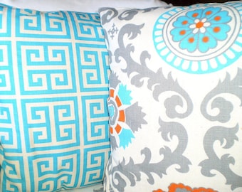 Aqua Gray Orange Pillow Covers, Decorative Throw Pillow, Cushions, Grey Suzani Greek Key on Natural, Couch Pillows, Set of Two Various Sizes