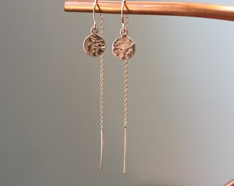 Handmade Rose Gold Threader Earrings with Hammered Dangle