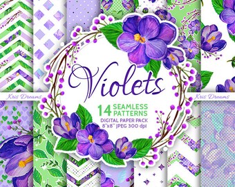 Violet Flower Seamless Digital Paper High Quality 8"x8" Scrapbooking Paper Purple Green