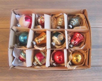 12 Mercury Glass Christmas Tree Ornaments Bell Solids & Indents Mica Stripe Shiny Brite Poland And More Vintage Ornaments