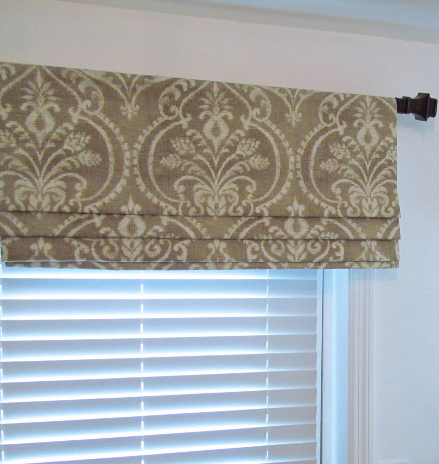 Sand/White Damask FAUX ROMAN SHADES Tan/ Beige/ Brown Lined