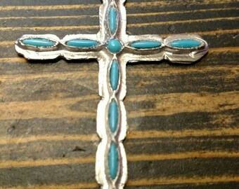 Cross Pendant Faux Turquoise Stones/Silver Tone Metal Setting