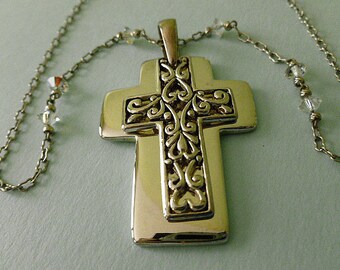 TWO For ONE Silver Cross, Vintage Silver Cross Pendant, Designer Cross & Signed Neck Chain, Silver Cross Necklace, Openwork Filigree Cross