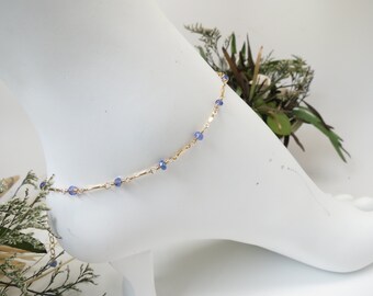 Tanzanite Anklet, December Birthstone, Blue Violet Gemstone In Gold Filled, 8.9-10.25 Inches Length, Tanzanite Jewelry Wire Wrapped Anklet