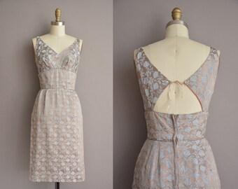 50s brown and blue floral brocade cut out vintage wiggle dress / vintage 1950s dress