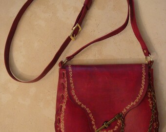 Kim Tooled Red Leather Crossbody Bag - Shoulder Bag - Purse - Handbag - Scroll Pattern