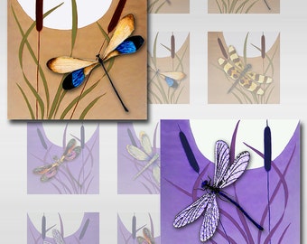 Dragonflies Moon Cattails Instant Download for Glass Resin Scrabble Tile Pendants Square JPEG Images 1 and 2 Inch (12-75)