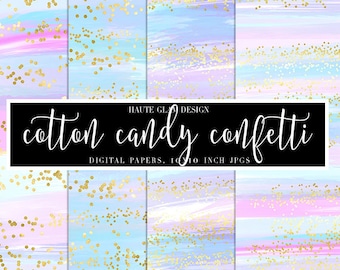 Cotton Candy Confetti Digital Papers, Abstract Pastel Papers with Gold Confetti, Watercolor Paper, 10" JPG Instant Download, 7 Papers