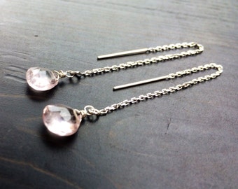 Natural Morganite threader earrings. Pale pink threaders. Sterling silver. Gemstone jewelry