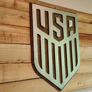 USA Soccer MLS Sign with Maple Backdrop Metal Style Sign MDF Board Cut Out Logo With Faux Metal Finish Rustic Pallet Wood