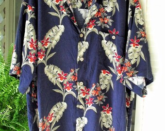 Large Tropical Print Rayon Shirt/ Retro Rayon Man's Shirt by Puritan/ Navy with Red and Green Print/ Shabbyfab Thrifted Funwear