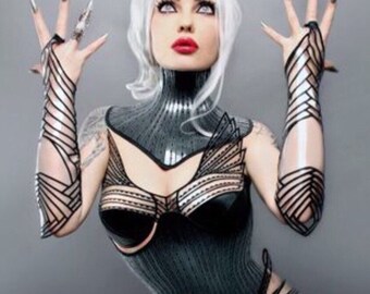clear embroidered gauntlets arm cuffs futuristic sci fi fingerless gloves slave cuffs cybergoth steampunk