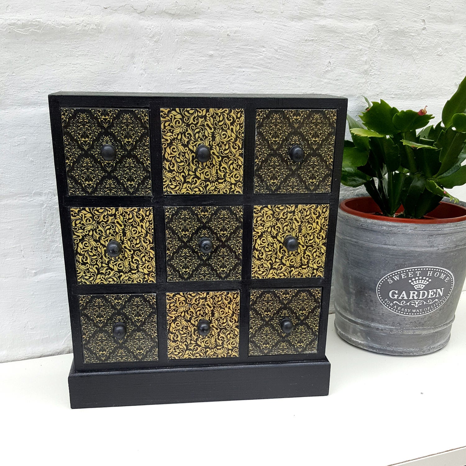 Black and Gold Damask Wooden Mini Chest of Drawers Jewellery